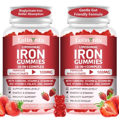 2 Pack 100MG Iron Bisglycinate Gummies 10-in-1 Ferrous Bisglycinate for Women Men Plus Vitamin C, Vitamin B6 B12 for Iron Deficiency, Support Iron Levels, Energy & Stamina, Immunity Support