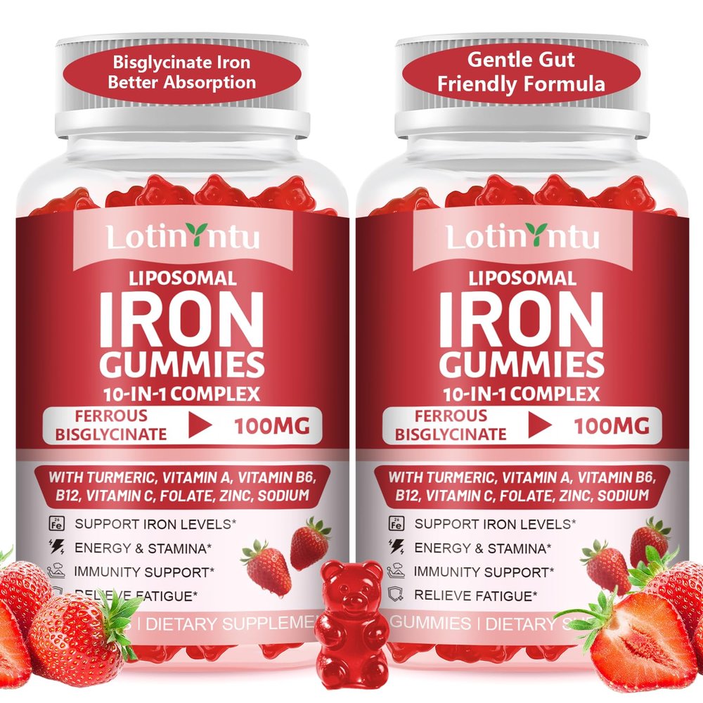 2 Pack 100MG Iron Bisglycinate Gummies 10-in-1 Ferrous Bisglycinate for Women Men Plus Vitamin C, Vitamin B6 B12 for Iron Deficiency, Support Iron Levels, Energy & Stamina, Immunity Support