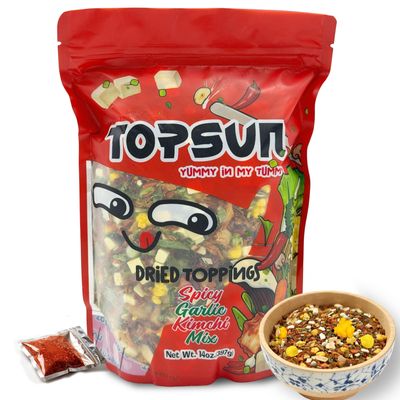 14oz Spicy Garlic Kimchi Ramen Toppings, 10-Ingredient Dehydrated Veggie Mix, Separate Chili Flakes Packet, Authentic Korean Savory Upgrade Instant Noodles, Low Sodium, 27 Servings