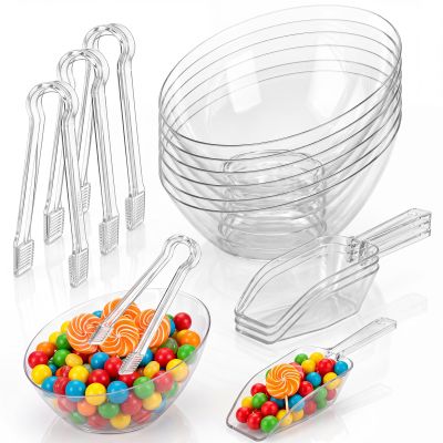 Newtay 20 Oz 6 Candy Bowls with 3 Scoops and 3 Tongs, Large Clear Plastic Dessert Bowls Angled Hard Candy Buffet Containers Set for Chip Snacks Popcorn Appetizers Buffets Bar Birthday Party Supplies