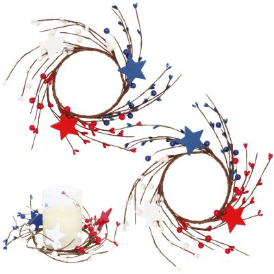 2Pack Patriotic Candle Rings Wreaths 4th of July Red White Blue Mixed Berries Pip Berry Star Candle Rings Artificial Candle Holder Table Centerpiece for Independence Day Pillar Candle Tabletop Decor