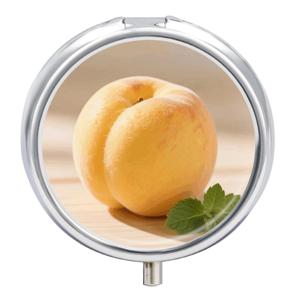 Yellow Peach Round Pill Box Cute Small Fish Oil Cases Portable 3 Compartment Pill Boxes Round Pill Case with Mirror for Vitamins Medication Supplements Gift