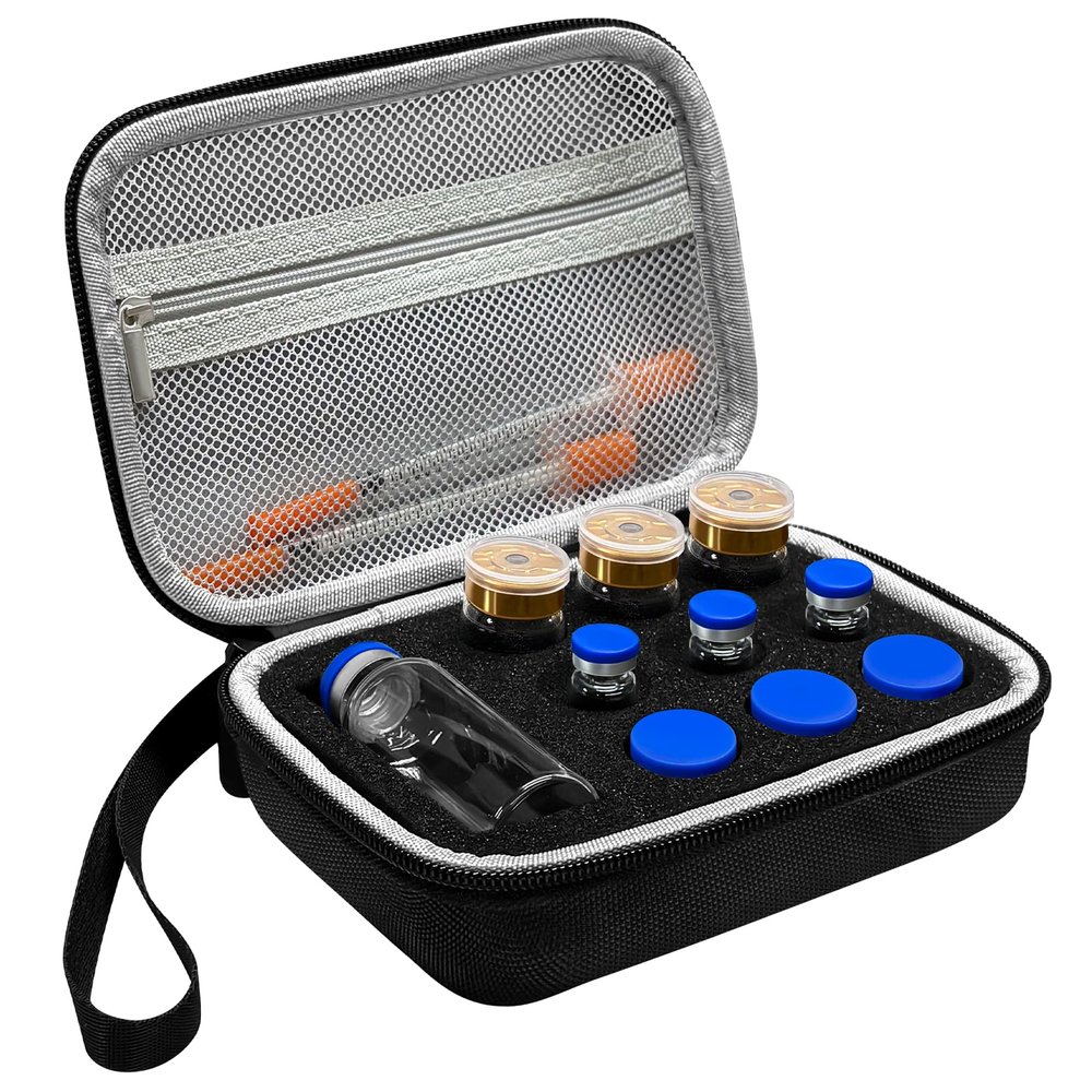 10 Slots Peptide Case, Fits Standard 1-3ml, 5ml, 10ml & 30ml Vials, for Peptide, Insulin, GLP-1, Refrigerator, Freezer & Travel Use, with Mesh Bag & Wrist Strap (Only Box)