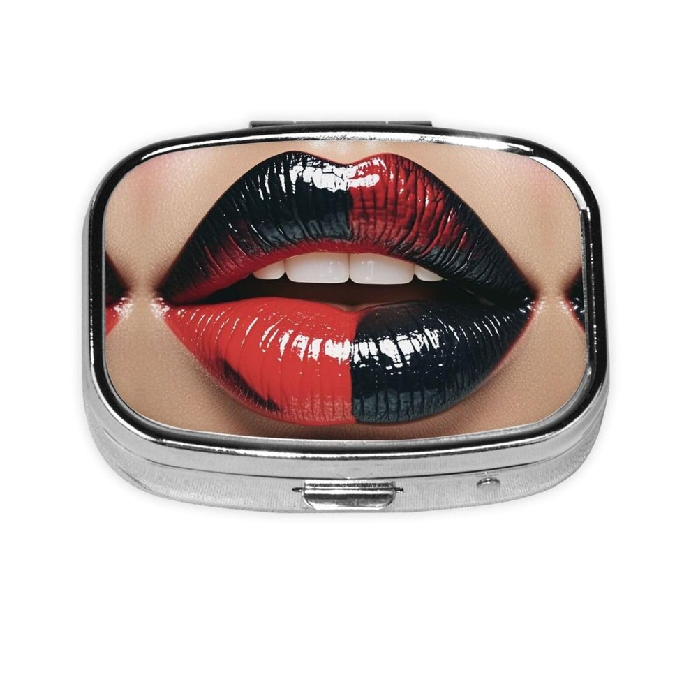 Square Round Pill Case Red and Black Lips Pill Box Daily 2 Compartment Travel Pill Container for Pocket Purse Portable Medicine Cod Liver Oil Storage Box 2 Times a Day Pill Organizer