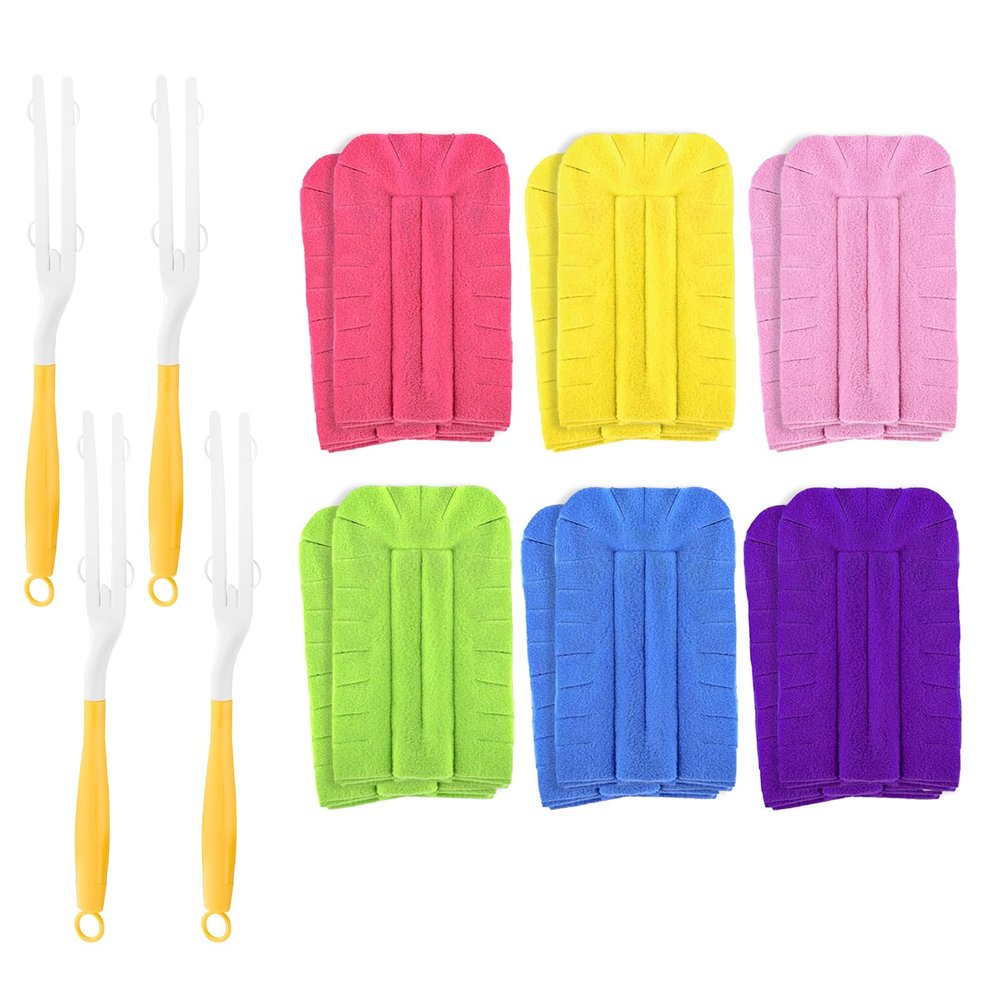 Doodlream 12PCS Fleece Reusable Duster Refills with 4 Handles, Washable Cleaning Pads in 6 Colors, 360 Dust Cleaning Brush for Home, Blinds, Car, Furniture, Fans, Wet & Dry Use
