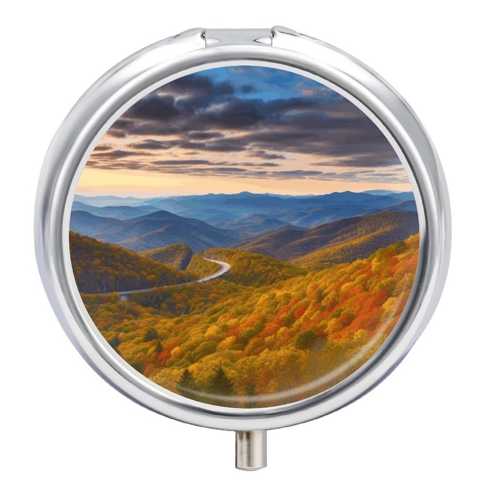 Blue Ridge Parkway Mountains Pill Box with 3 Compartments Round Portable Pill Organizer Compact Small Pill Case for Pocket Purse Mini Metal Pill Container Cute Vitamin Holder for Pills Supplements