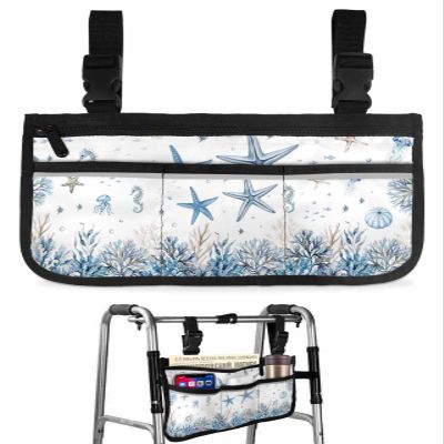 Watercolor Ocean Starfish Coral Wheelchair Side Bag Underwater Life Seaweed Conch Wheelchair Accessory Bag to Hang on Side with Reflective Strip for Wheelchair - Ideal Gift for Seniors