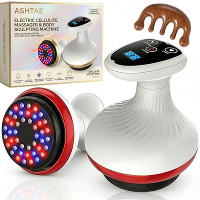 Ashtae Electric Cellulite Suction Massager with Heat Smart Handheld Body Sculpting Machine Negative Pressure Adjustable Skin Contouring Fascia Massage Therapy Cupping Vacuum Set Tool(Red Pro)