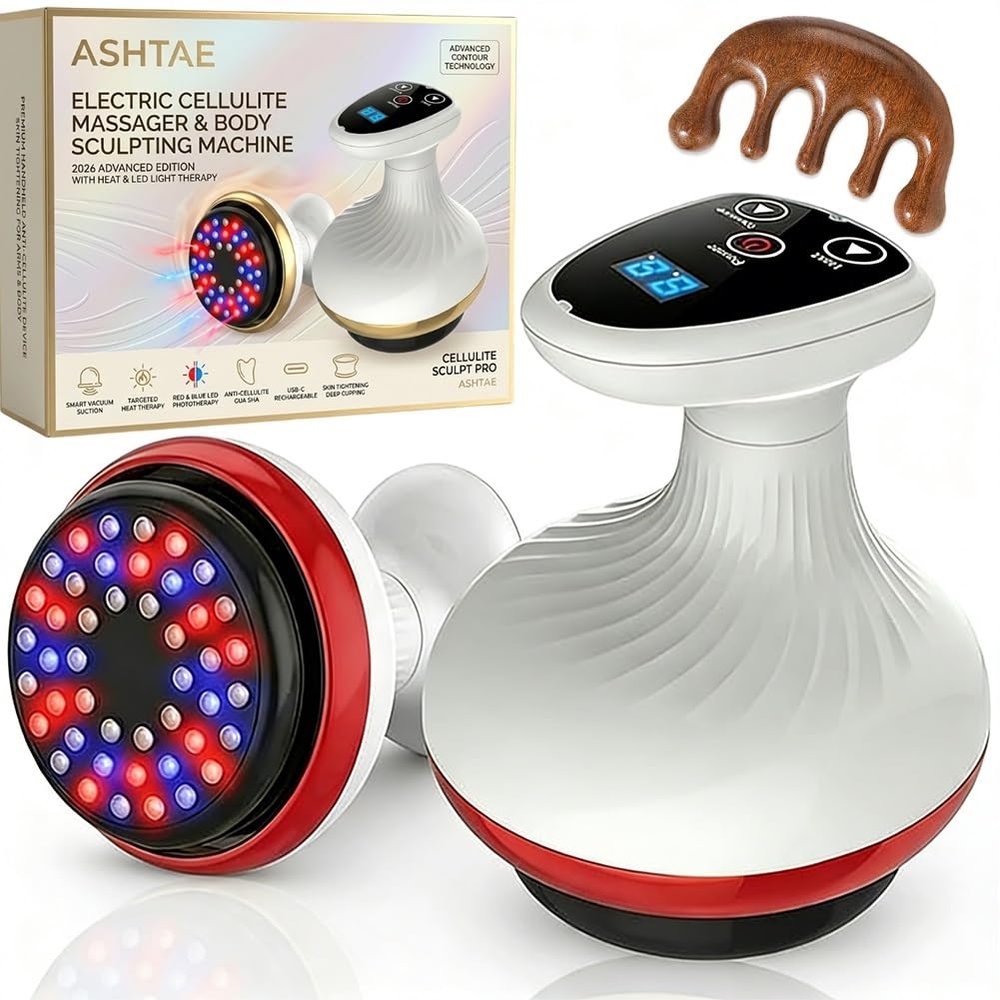 Ashtae Electric Cellulite Suction Massager with Heat Smart Handheld Body Sculpting Machine Negative Pressure Adjustable Skin Contouring Fascia Massage Therapy Cupping Vacuum Set Tool(Red Pro)