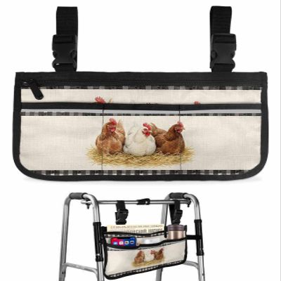 Farmhouse Chicken Burlap Linen Wheelchair Side Bag Black Buffalo Plaid Wheelchair Accessory Bag to Hang on Side with Reflective Strip for Wheelchair - Ideal Gift for Seniors