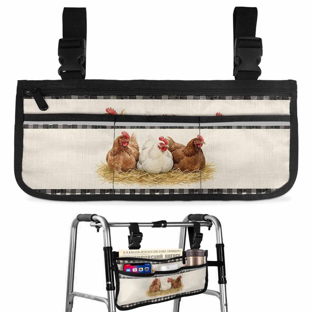 Farmhouse Chicken Burlap Linen Wheelchair Side Bag Black Buffalo Plaid Wheelchair Accessory Bag to Hang on Side with Reflective Strip for Wheelchair - Ideal Gift for Seniors