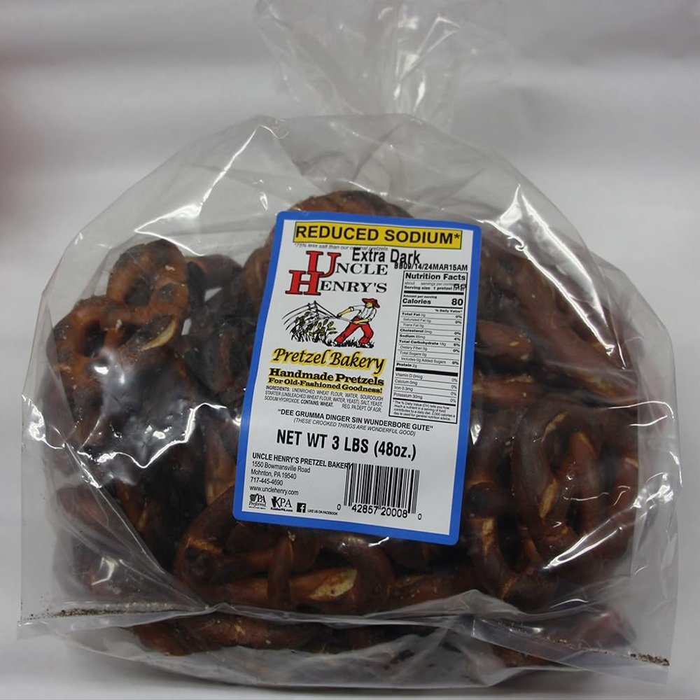 Uncle Henry's Extra Dark Reduced Sodium Pretzels Handcrafted Pennsylvania Dutch Sourdough Pretzels, Stone Hearth Baked, Two 3lb Bags