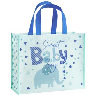 Loveinside 13" Large Baby Boy Reusable Gift Bag, Blue Elephant Design, Recycled Party Favor Gift Bag with Handles for Baby Shower, Newborn Boys, 13" x 5" x 10", 1 Pcs