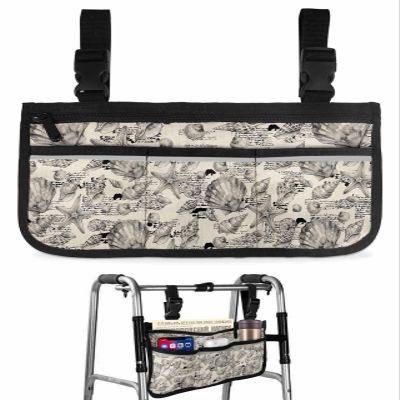 Summer Ocean Shell Starfish Wheelchair Side Bag Retro Farmhouse Beige Wheelchair Accessory Bag to Hang on Side with Reflective Strip for Wheelchair - Ideal Gift for Seniors