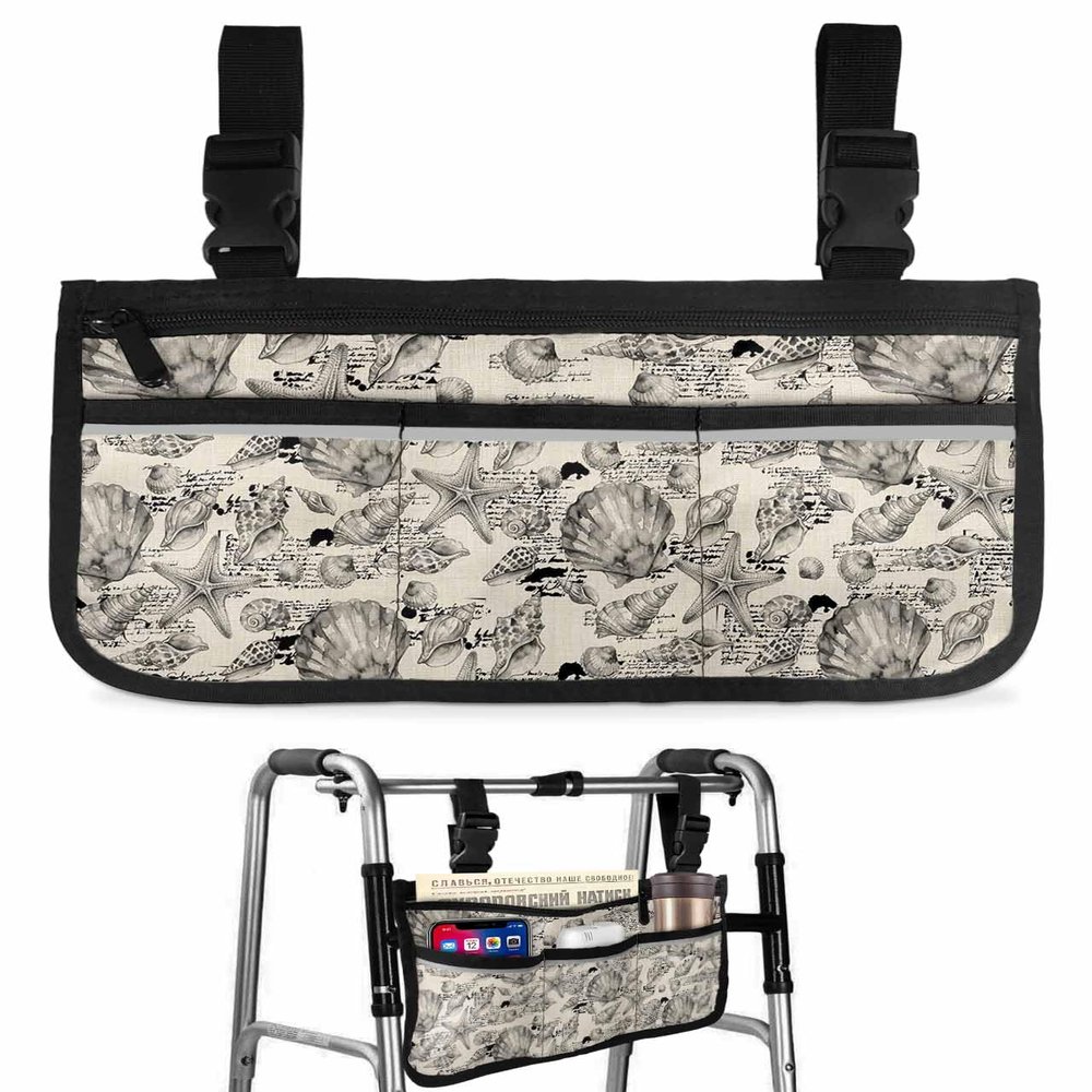 Summer Ocean Shell Starfish Wheelchair Side Bag Retro Farmhouse Beige Wheelchair Accessory Bag to Hang on Side with Reflective Strip for Wheelchair - Ideal Gift for Seniors