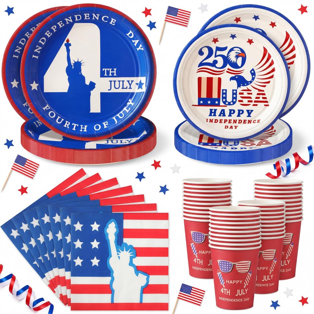 Domensi 120 Pcs 4th of July Decorations 250th Anniversary Patriotic Party Supplies American Flag Tableware Set Plates Napkins Cups Red White Blue Decor for Independence Memorial Day Serve 30 (Classic)