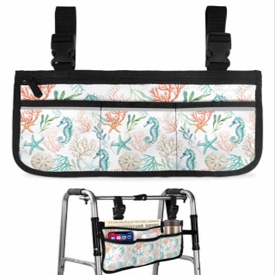 Underwater Seahorse Ocean Coral Wheelchair Side Bag Watercolor Marine Creature Wheelchair Accessory Bag to Hang on Side with Reflective Strip for Wheelchair - Ideal Gift for Seniors