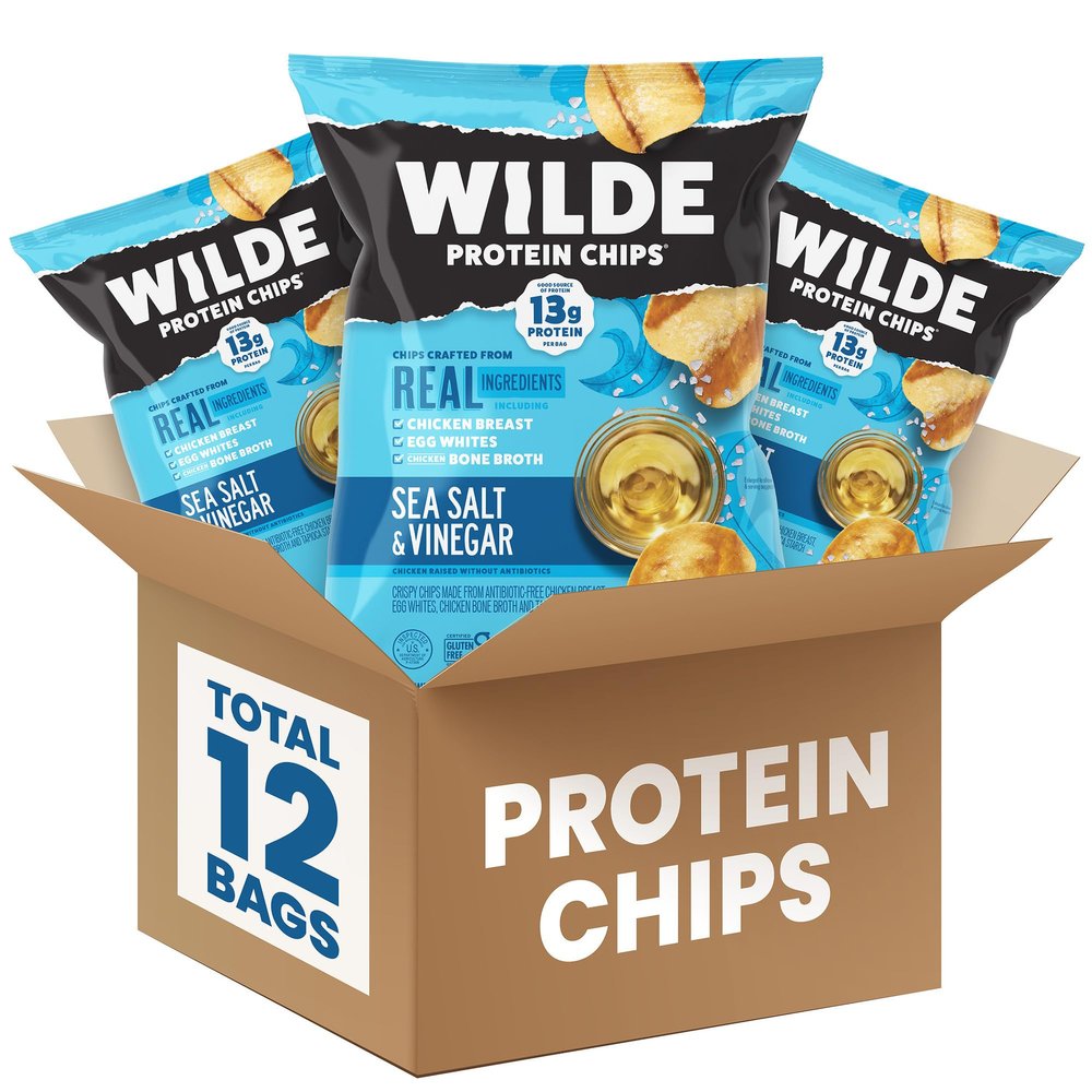 WILDE Protein Chips, High Protein Snacks for Adults, Keto Chips, Gluten Free, Low Carb Snack Box Made with Real Ingredients 1.34oz Bags, Pack of 12, Sea Salt & Vinegar