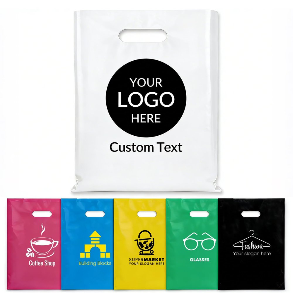 YOUYINYOU Custom Plastic Bags with Logo 100, Bulk Personalized Shopping Bags Glossy Gift Bags for Small Business, Supermarkets, Clothing Stores, Boutique, Retail, Trade Shows, Events, Parties (14x 18 in)