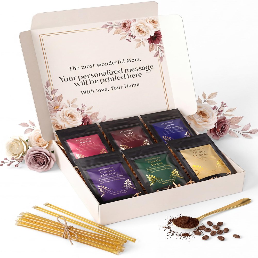 Personalized Coffee Gift Set for Mom 6 Premium Ground Coffee Sampler + Honey Sticks Custom Message Inside Box Mothers Day Gift from Daughter or Son