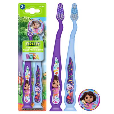 FIREFLY Manual Toothbrush for Kids with Suction Cup, Dora the Explorer, Soft Bristle, 2 Toothbrushes +1 Cover