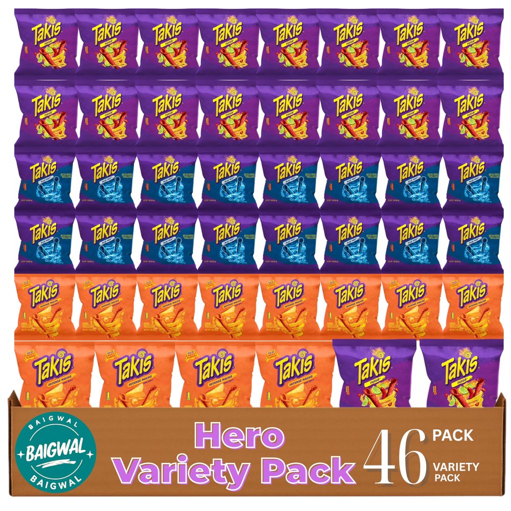 Baigwal Spicy Rolled Tortilla Chips Variety Pack, Fuego-Style, Blue Heat-Style & BBQ Flavor, Crunchy, Bulk Party Pack, 46 Count