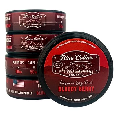 Blue Collar Company Caffeine Nootropic Pouches (Bloody Berry) - Energy Pouches with 50mg Caffeine, Alpha GPC, No Sugar or Artificial Sweeteners - 15 Pouches Per Can - 5 Pack