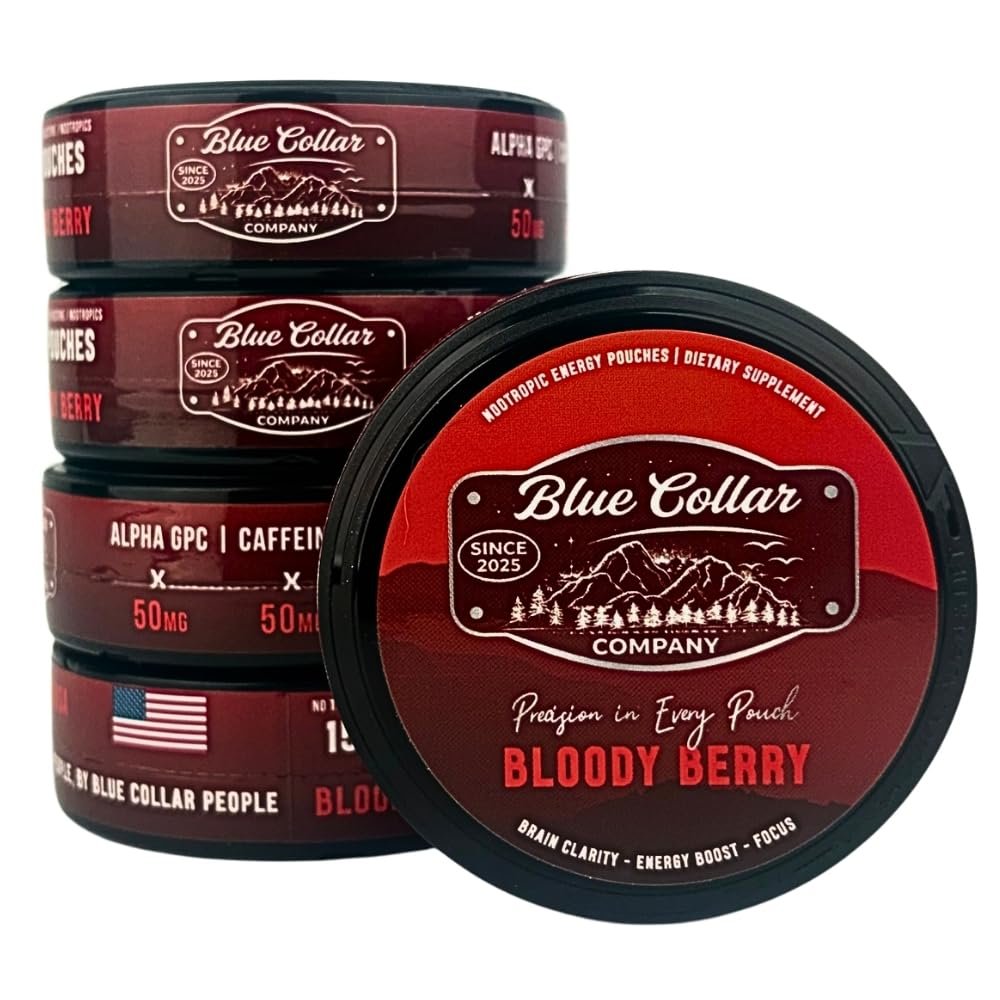 Blue Collar Company Caffeine Nootropic Pouches (Bloody Berry) - Energy Pouches with 50mg Caffeine, Alpha GPC, No Sugar or Artificial Sweeteners - 15 Pouches Per Can - 5 Pack