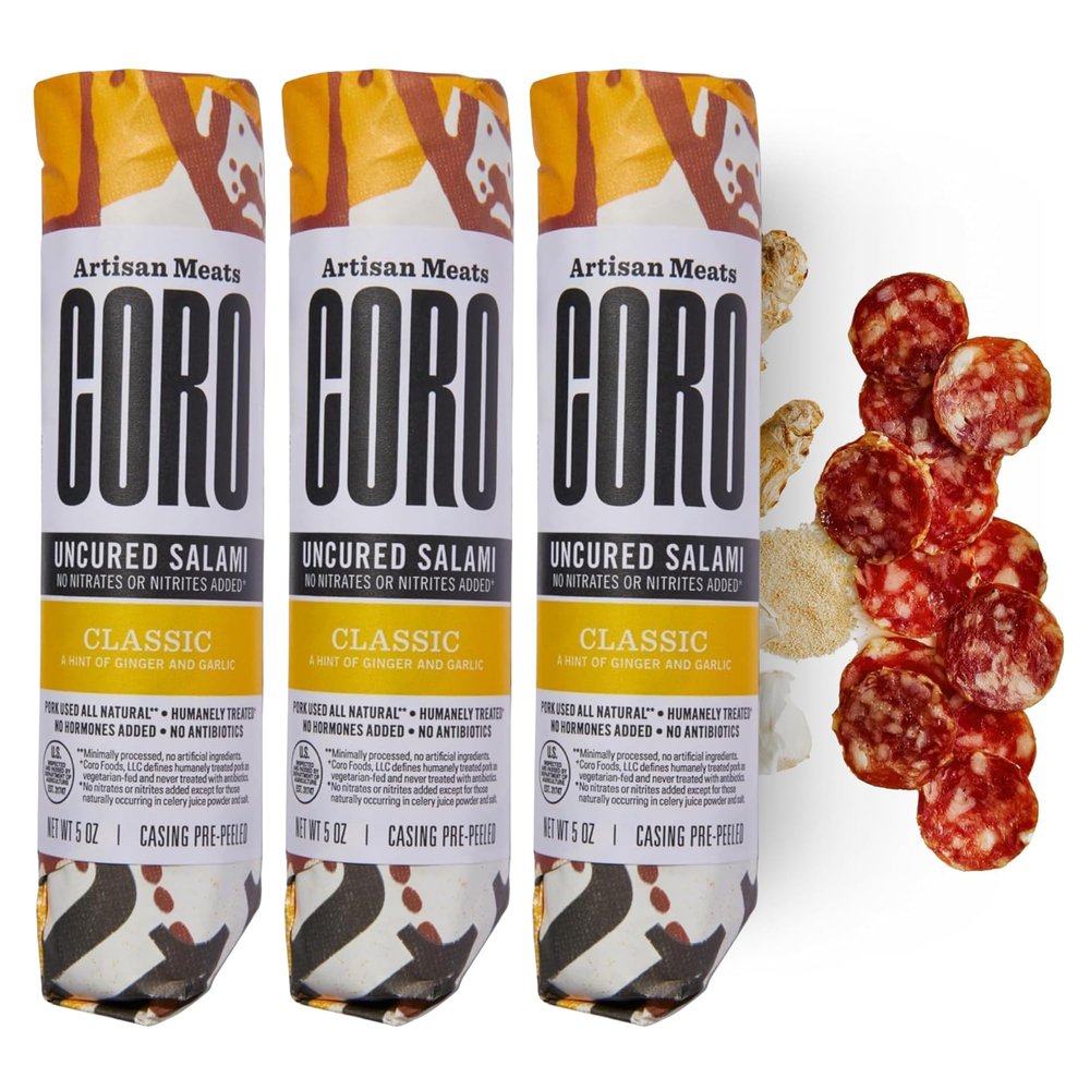 Coro Classic Uncured Artisan Salami Stick 5oz (Pack of 3) | Garlic & Ginger | Perfect for Characuterie Boards, Snacking, Holiday Gifts | All Natural, Gluten-Free, No Added Nitrates & Nitrites