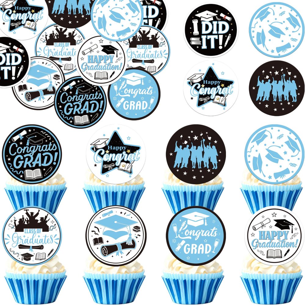 Rsstarxi 63 Pack Edible Class of 2026 Graduation Cupcake Toppers Graduation Cap Decorations Congrats Grad Cake Decorations for I Did It Happy Graduation Theme Party Supplies Light Blue