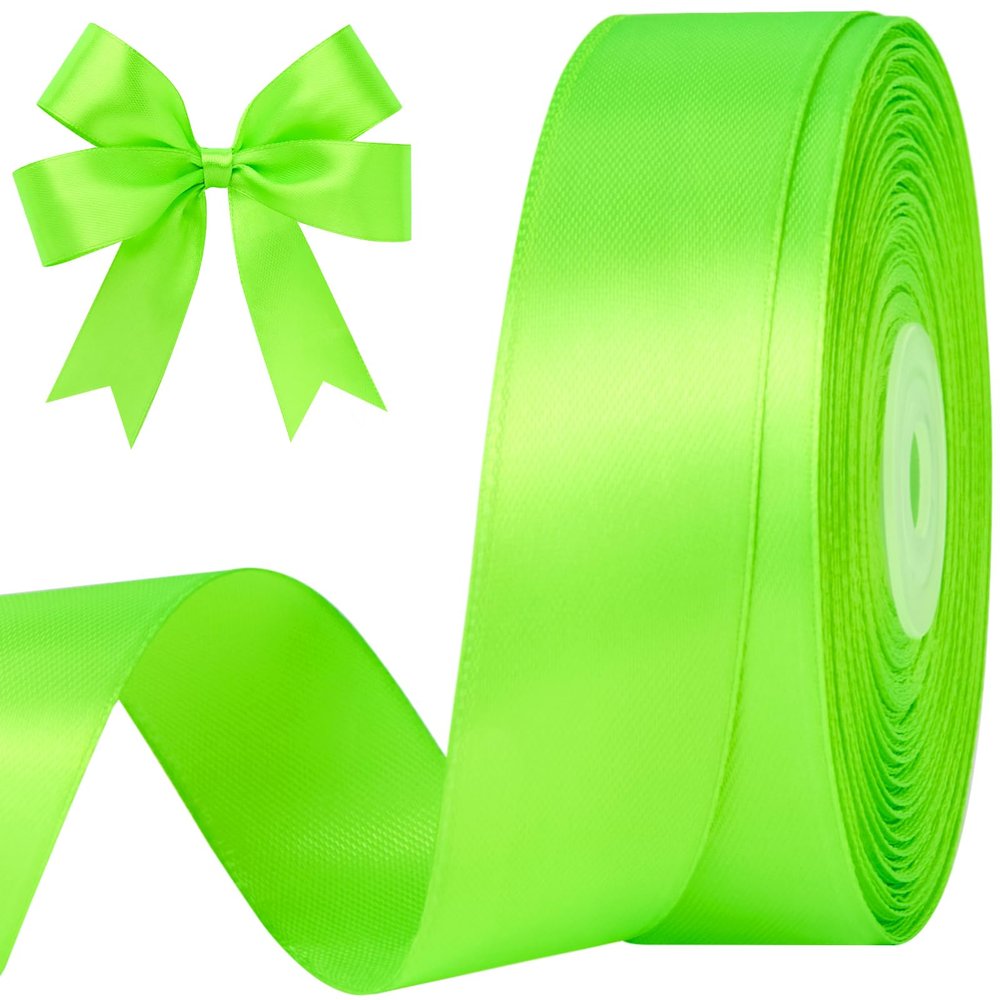 CLUEWR Fluorescent Apple Green Satin Ribbon, 1 Inch, 50 Yards