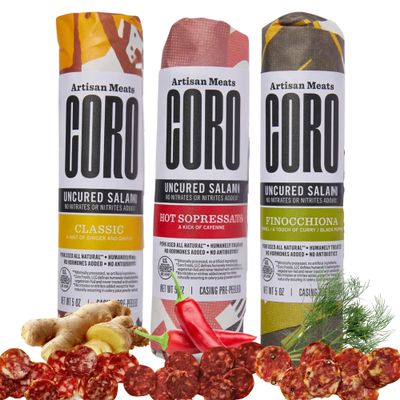 Coro Classic, Finocchiona, & Hot Sopressata Uncured Artisan Salami Stick 5oz (Pack of 3) | Perfect for Characuterie Boards, Snacking, Hosting Gifts | All Natural, Gluten-Free, No Added Nitrates & Nitrites
