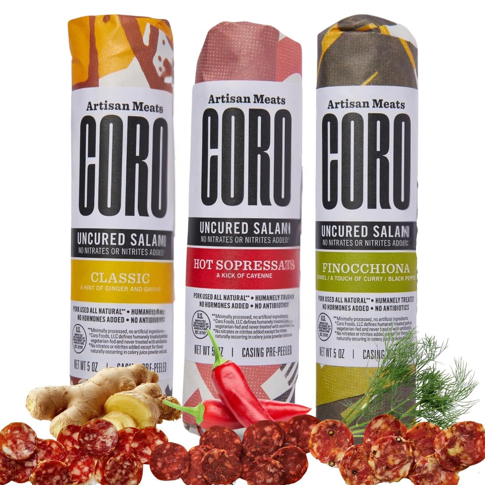 Coro Classic, Finocchiona, & Hot Sopressata Uncured Artisan Salami Stick 5oz (Pack of 3) | Perfect for Characuterie Boards, Snacking, Hosting Gifts | All Natural, Gluten-Free, No Added Nitrates & Nitrites