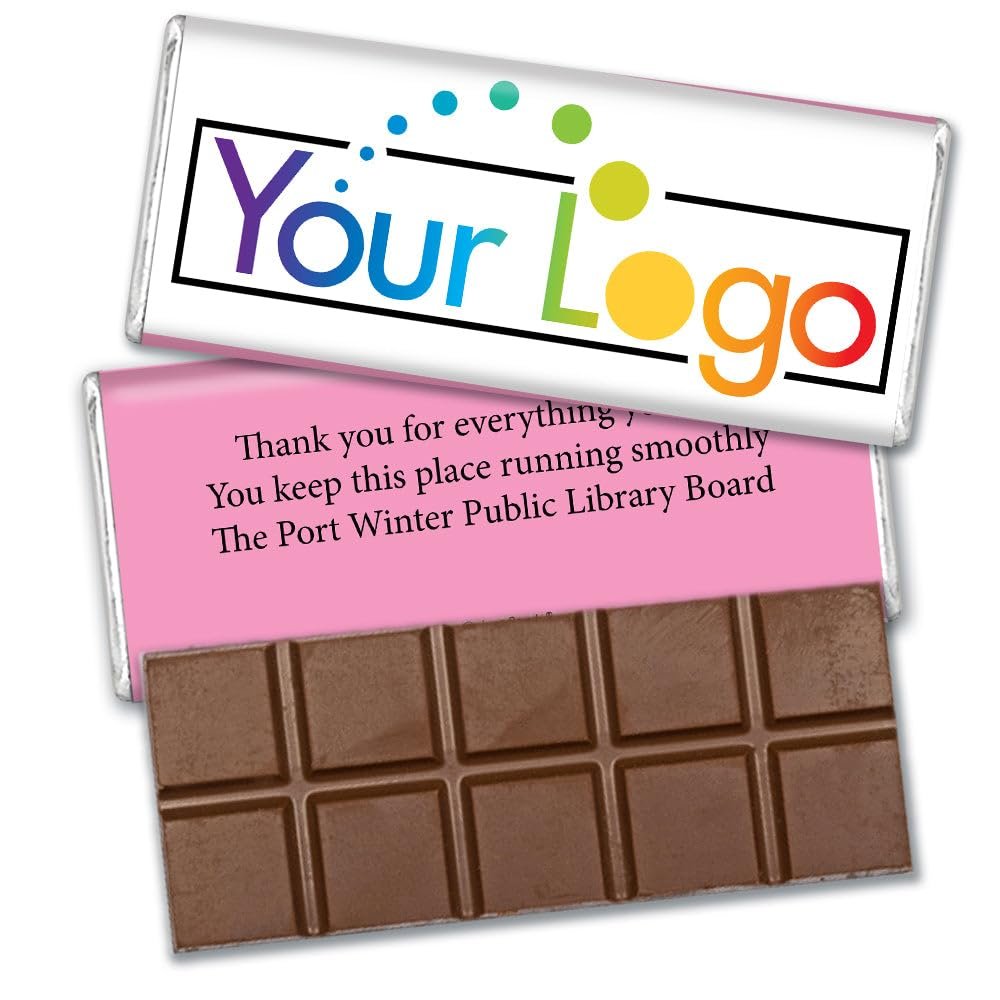 12 Pack Personalized Belgian Milk Chocolate Business Promotional Add Your Logo Candy Bar Favors For Corporate Gifting, Advertising Treats And Office Party Giveaways - Pink