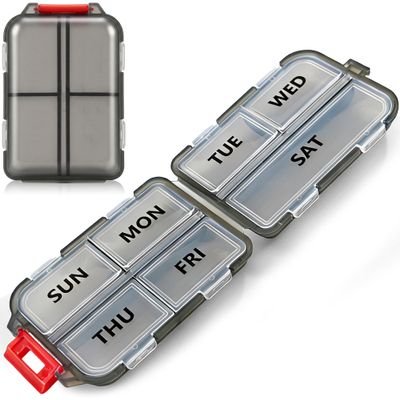 7 Day Compact Pill Organizer, Foldable Portable Travel Pill Box with Double Protection, Daily Small Pill Case Dispenser for Medication, Vitamins, Supplements (Clear Black)