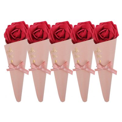 FOMIYES DIY Flower Cone Candy Bags 5pcs Pink Cone Candy Containers with Red Flowers and Pink Bow Wedding Favor Treat Bags for Party