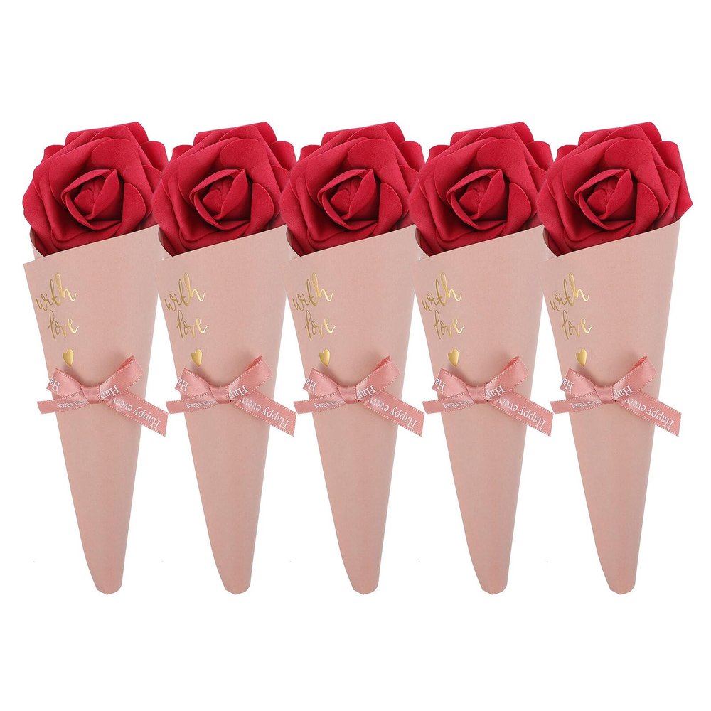 FOMIYES DIY Flower Cone Candy Bags 5pcs Pink Cone Candy Containers with Red Flowers and Pink Bow Wedding Favor Treat Bags for Party