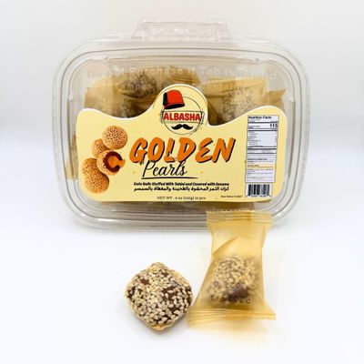 ALBASHA Golden Pearls Date Balls Stuffed with Tahini and Covered with Sesame, 8 oz, 16 Pieces