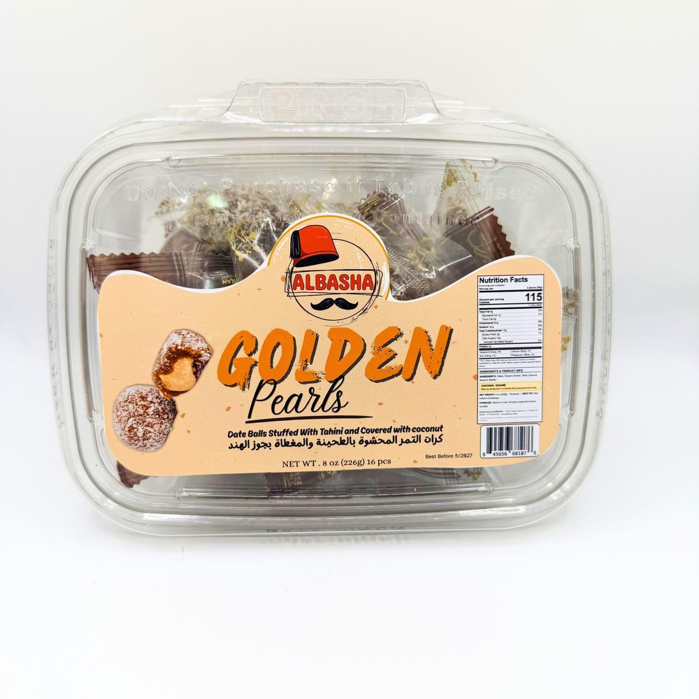 ALBASHA Golden Pearls Date Balls Stuffed with Tahini, Covered in Sesame Seeds, 8 oz, 16 Pieces