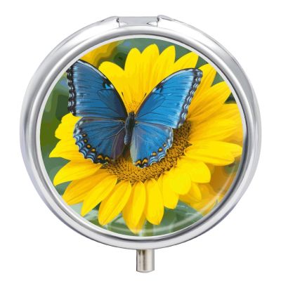 Sunflower Blue Butterfly Pill Box Exquisite Pill Organizer Cute Medicine Holder with COF Portable Compact Medicine for Vitamins, Fish Oil, Supplements and Medications