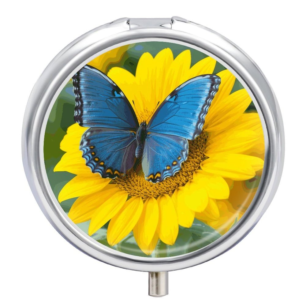 Sunflower Blue Butterfly Pill Box Exquisite Pill Organizer Cute Medicine Holder with COF Portable Compact Medicine for Vitamins, Fish Oil, Supplements and Medications