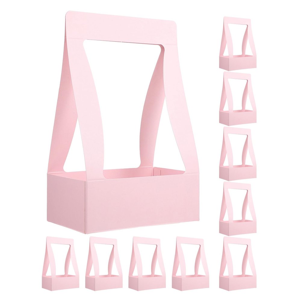 KOMBIUDA 10pcs Pink Paper Bouquet Boxes with Handle Floral Boxes for Arrangements for Packaging for Florists and Events
