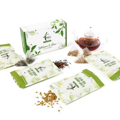Premium Tea Box by Special Tea Company 4 Unique Hand-Selected Blends 1 oz. each (40 Cups), Eco-Friendly Biodegradable Packaging, Limited-Edition Spoon & Coaster Included (Pyramid Sachets (Tea Bags), Herbal T)