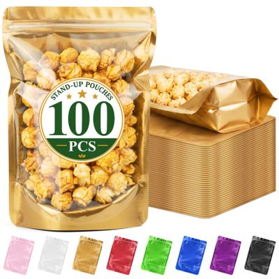 ANZNKU 100PCS Mylar Bags Resealable Large Smell Proof Bags(Gold, 8x12)