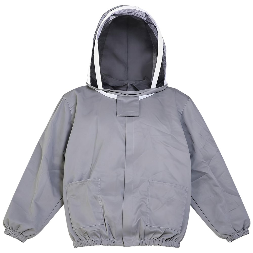 YHomU Gray Beekeeping Veil Jacket, Half-Body, Hooded, Breathable Polyester Beekeeper Suit with Pockets