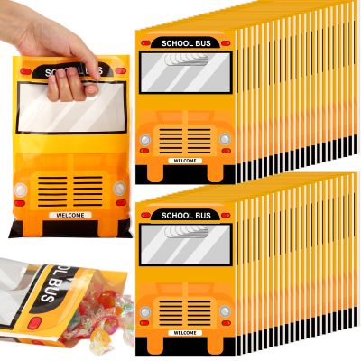 Kosiz 200 Pcs School Bus Goodie Bag Plastic School Bus Gift Snacks Candy Treat Bag with Handles for Birthday Baby Shower Party Favors Supplies