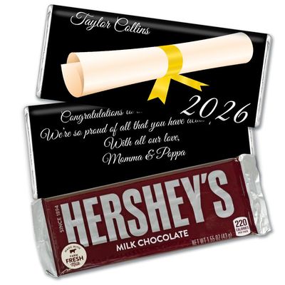 48 Pack Personalized Graduation Class Of 2026 Wrapped Hershey Milk Chocolate Bars For Custom Party Favors, Treat Bags, School Event Giveaways, Keepsakes & More (Yellow) - Diploma