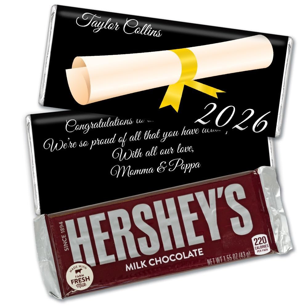 48 Pack Personalized Graduation Class Of 2026 Wrapped Hershey Milk Chocolate Bars For Custom Party Favors, Treat Bags, School Event Giveaways, Keepsakes & More (Yellow) - Diploma