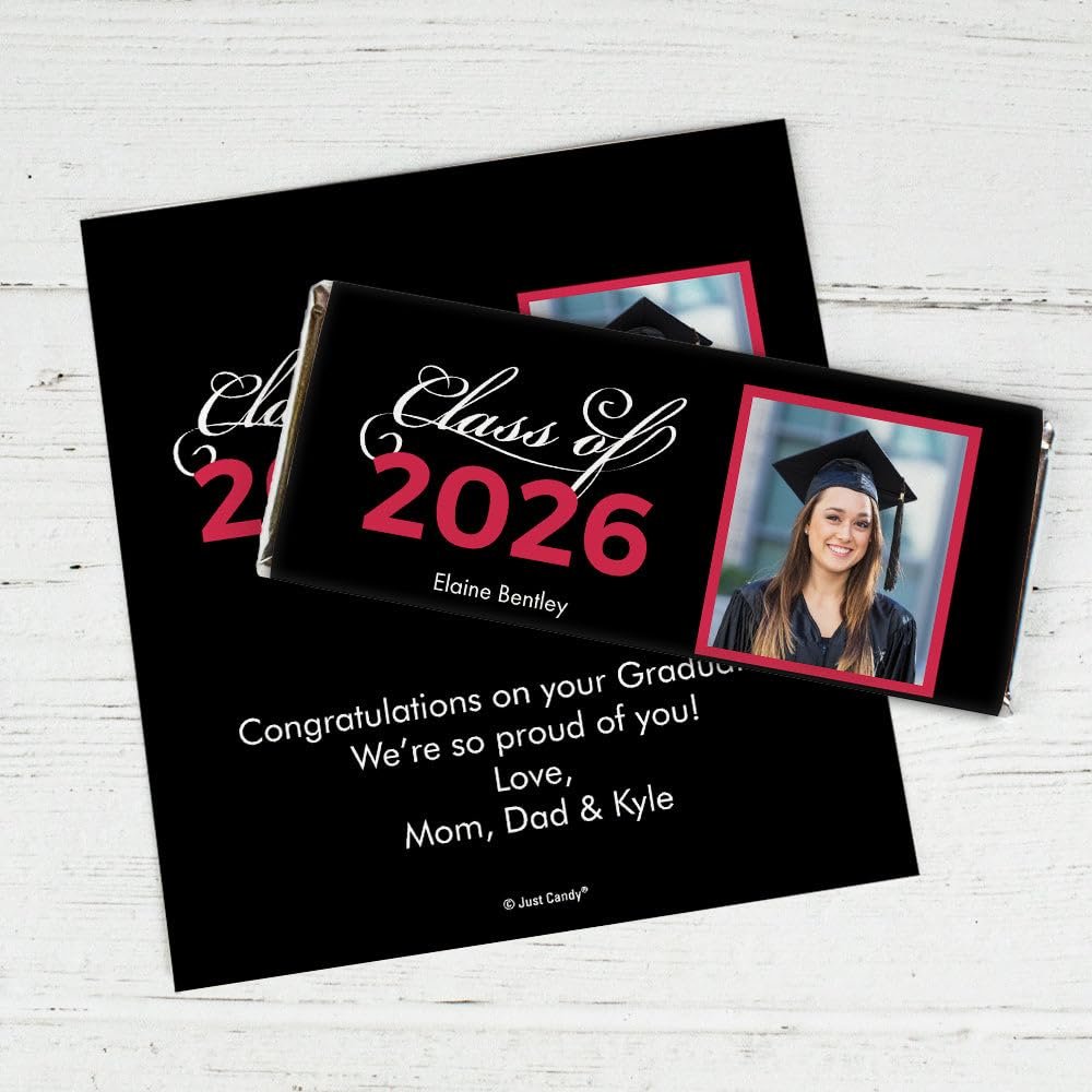 25 Pack Personalized Graduation Class of 2026 Candy Bar Wrapper Party Favors For Senior Gifts, Table Decoration, Dessert Tables & More - Red (Candy Not Included)