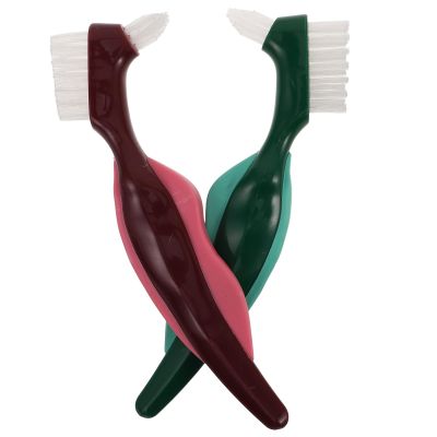 HOODANCOS Dual-Head Hard Bristle Dentures Brush Set 2pcs False Teeth Cleaner Toothbrush for Oral Care and Denture Maintenance Red and Green